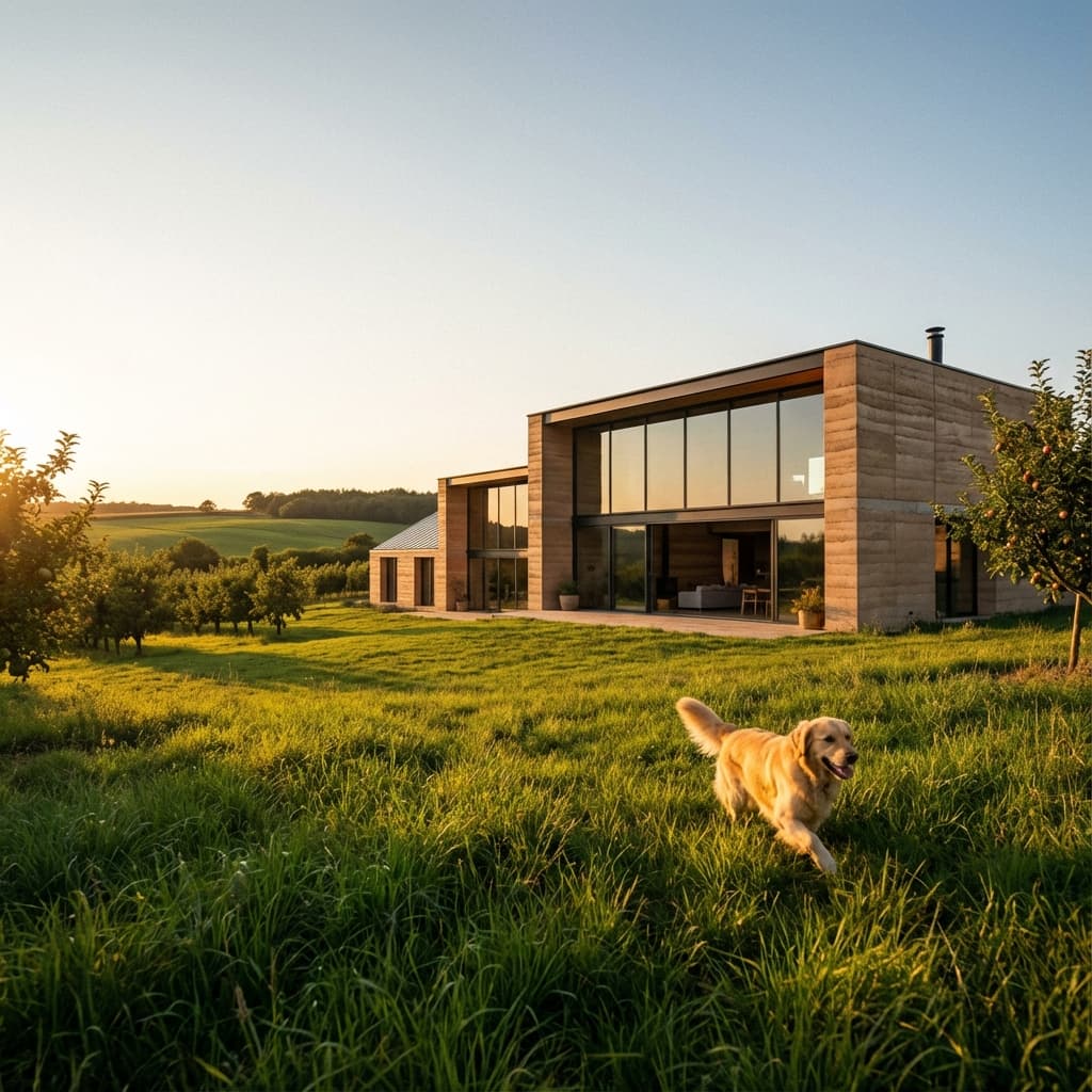Modern eco-luxury farm retreat with golden retriever